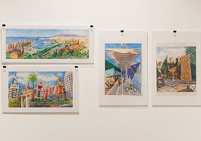 Moreno Peralta también muestra sus particulares dibujos de rincones emblemáticos de Málaga.